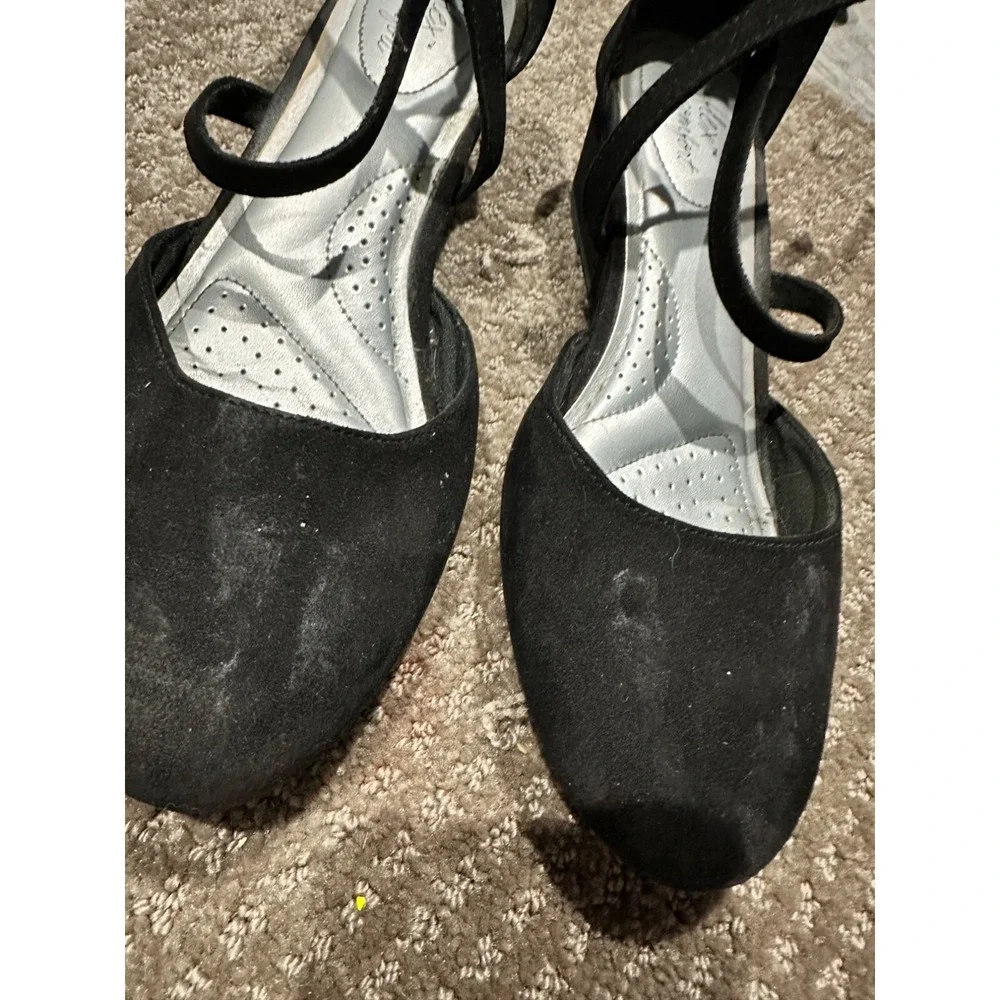 Dex Flex Black Suede Ankle Strap Low Wedge Heels Women's Size 9.5 Good Work Chic
